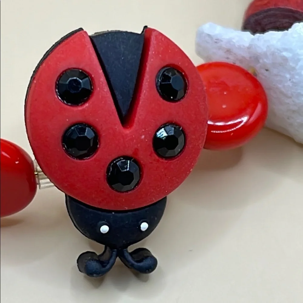 Whimsical Ladybug Beaded Bracelet - Red Black & stones